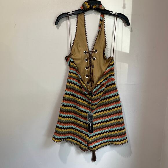 FashionNova Kaui Crochet Halter Romper Multicolor Knit Festival Boho Summer Sz M - Picture 3 of 10
